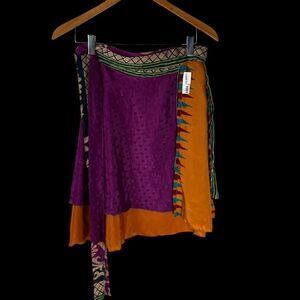 Darn Good Yarn Orange/Purple/Gold/Tan Woven Mini Wrap Skirt  Sz XL